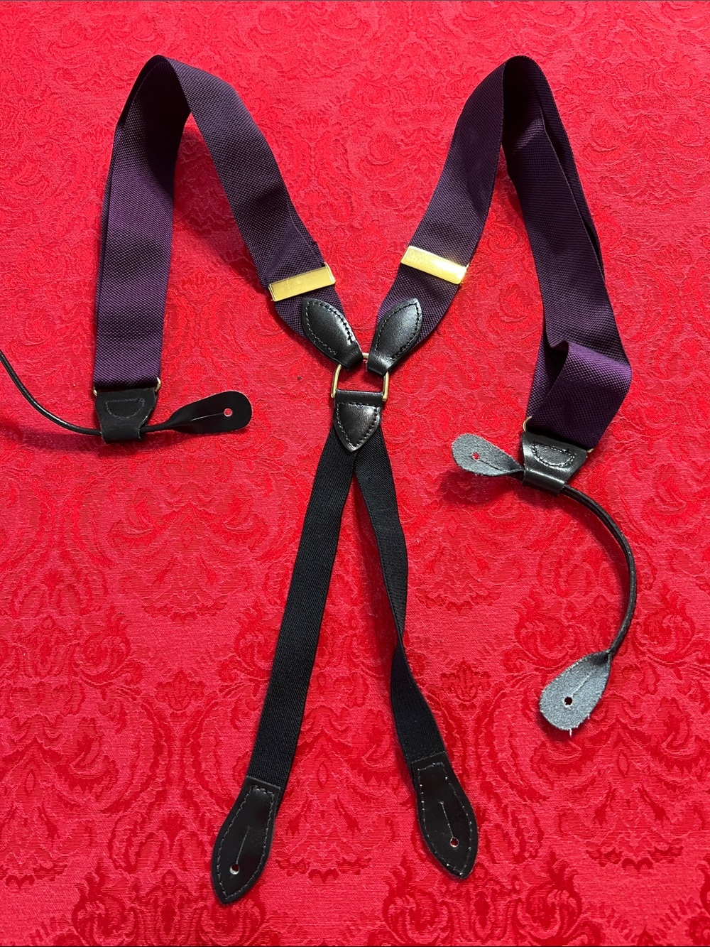 Pelican USA Purple Y-Back Suspenders Black Leather Button Ends Gold Hardware